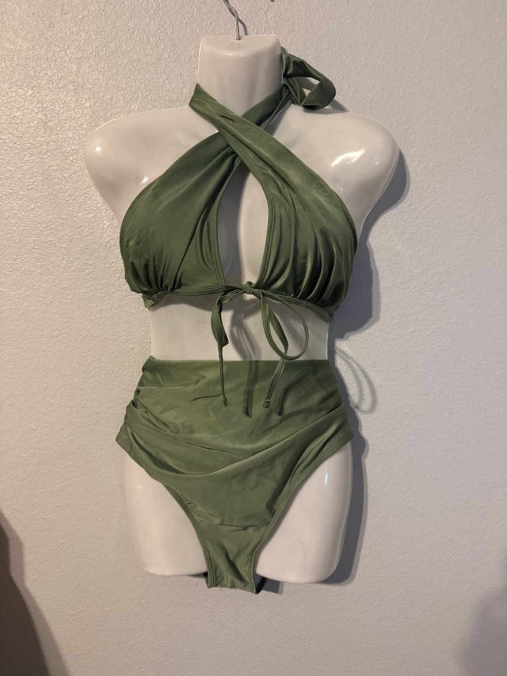 Cross-Halter High-Waist Bikini in Olive Green